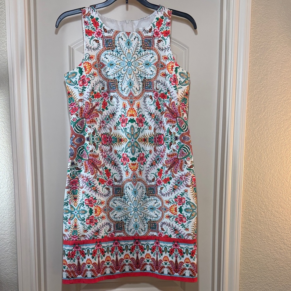 London Times White Midi Dress with Turquoise, Pink & Orange Medallion Print